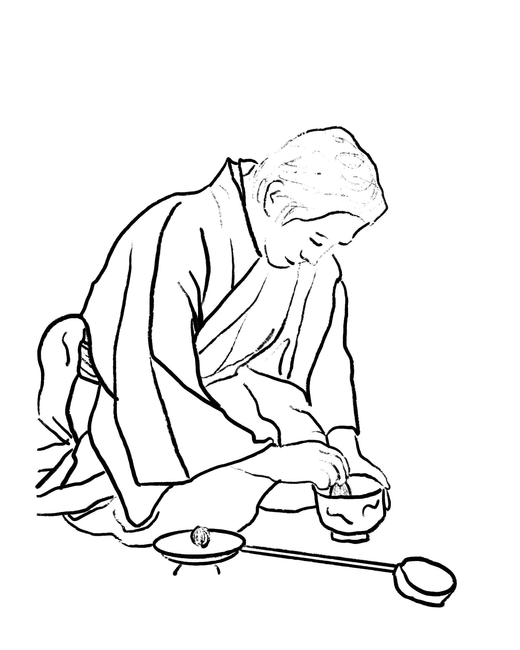 Hand whisking matcha in ceramic bowl sketch portrait